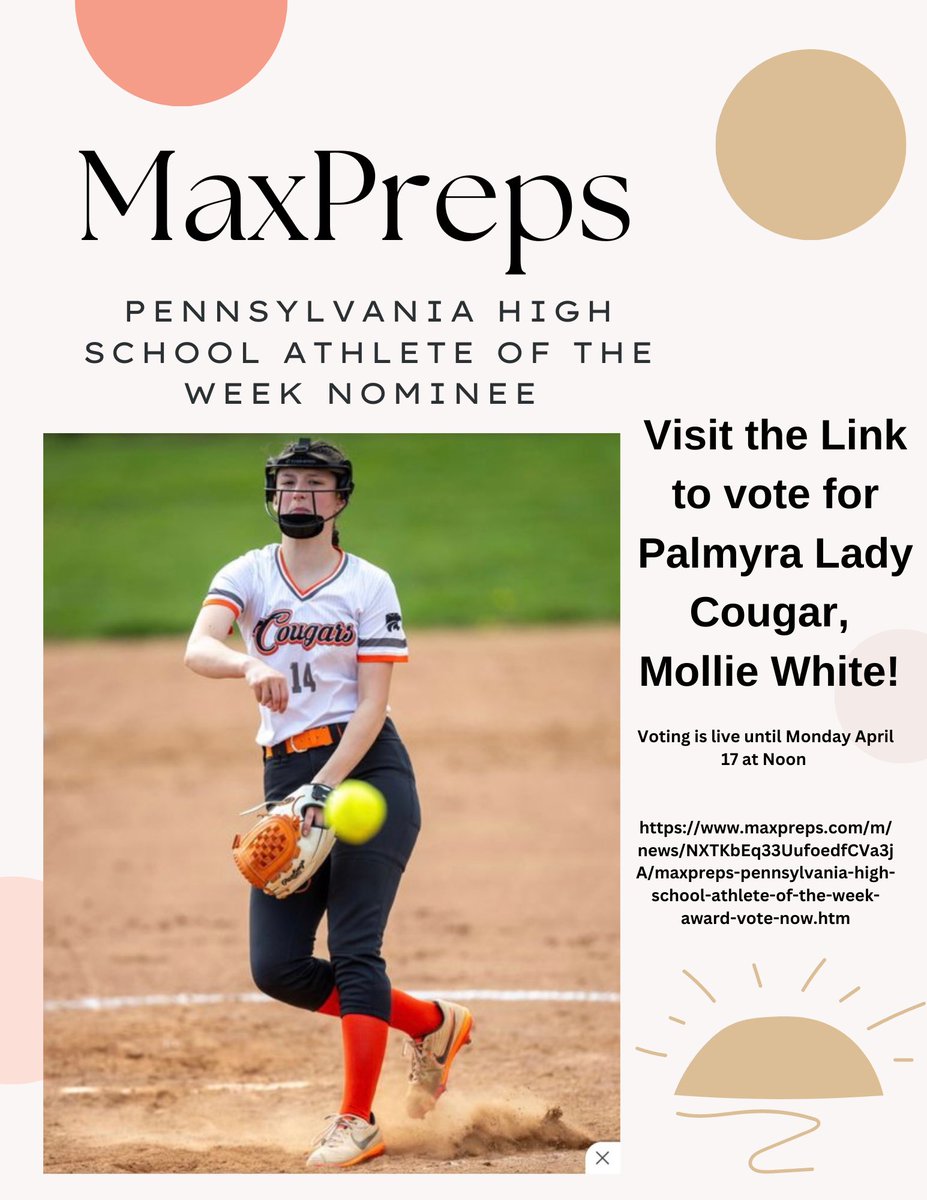 palmyrasb's tweet image. With an outstanding start to her senior year, @mollwhite_  is a MaxPreps PA High School athlete of the week nominee! 👏🏼🥎 Please take the time to visit the link to vote! 

maxpreps.com/m/news/NXTKbEq…

#GoMo #SeniorSeason #PlayBig