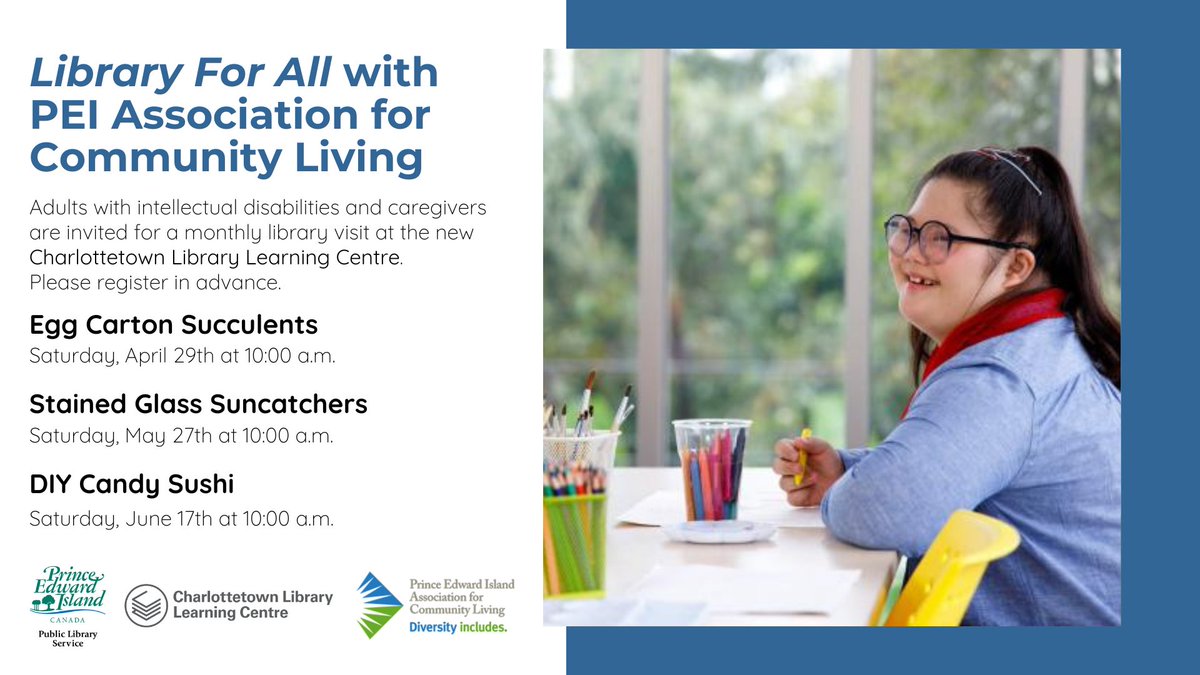 PEIACL's tweet image. Fun Spring Library sessions are booked at the Charlottetown Library Learning Centre! Be sure to join us:
Saturday, April 29th at 10am
Saturday, May 27th at 10am
Saturday, June 17th at 10am
 Please register with the Library or let us know you will be attending.
 #LibraryForAll