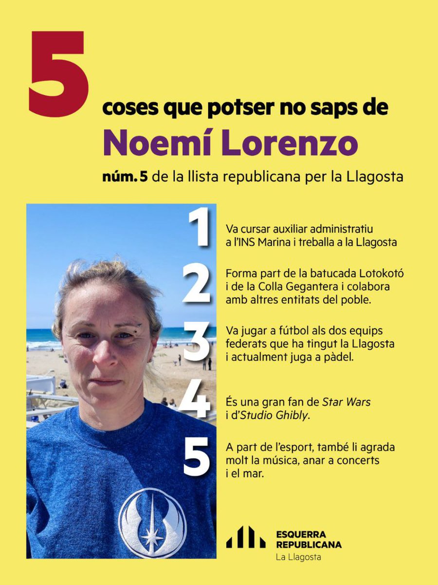 ERCLaLlagosta's tweet photo. 5 coses que potser no sabies de la nostra número 5 a la llista republicana per la Llagosta, la Noemí Lorenzo. #lallagosta https://t.co/ZmWPqNl2ht