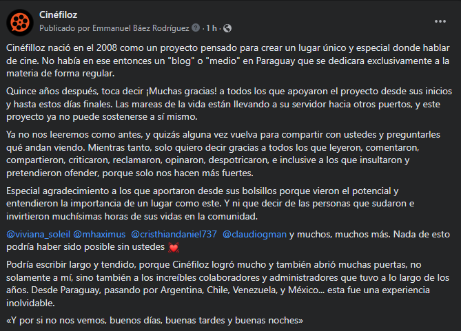 Después de 15 años, hoy Cinéfiloz se despide, pero no sin antes agradecer a todos los que hicieron posible este proyecto. ¡Muchas gracias a todos! Y no dejen de ver películas, series y por sobre todo, no dejen de cuestionar, debatir, y compartir.