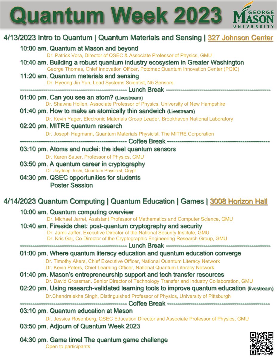 Mason QSEC (@gmu_qsec) on Twitter photo Mason #QuantumWeek starts tomorrow! Join us at Johnson Center to meet speakers from <a href="/GeorgeMasonU/">George Mason University</a> <a href="/N5SensorsInc/">N5 Sensors, Inc.</a> <a href="/BrookhavenLab/">Brookhaven Lab</a> <a href="/MITREcorp/">MITRE</a> <a href="/qrypt_inc/">Qrypt</a> <a href="/UofNH/">University of New Hampshire</a> <a href="/ConnectedDMV/">Connected DMV #QuantumWorldCongress</a> to learn quantum materials, sensing, cryptography, and student opportunities at Mason and Greater Washington! Mason #QuantumWeek starts tomorrow! Join us at Johnson Center to meet speakers from <a href="/GeorgeMasonU/">George Mason University</a> <a href="/N5SensorsInc/">N5 Sensors, Inc.</a> <a href="/BrookhavenLab/">Brookhaven Lab</a> <a href="/MITREcorp/">MITRE</a> <a href="/qrypt_inc/">Qrypt</a> <a href="/UofNH/">University of New Hampshire</a> <a href="/ConnectedDMV/">Connected DMV #QuantumWorldCongress</a> to learn quantum materials, sensing, cryptography, and student opportunities at Mason and Greater Washington!