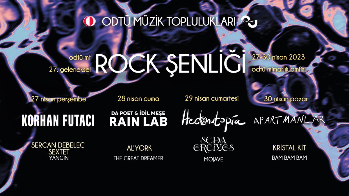 ODTÜ MT olarak Geleneksel Rock Şenliği’nin 27. sini büyük bir heyecan ve mutlulukla bu sene 27-30 Nisan tarihleri arasında 4 gün boyunca, mimarlık amfisinde kutluyoruz.