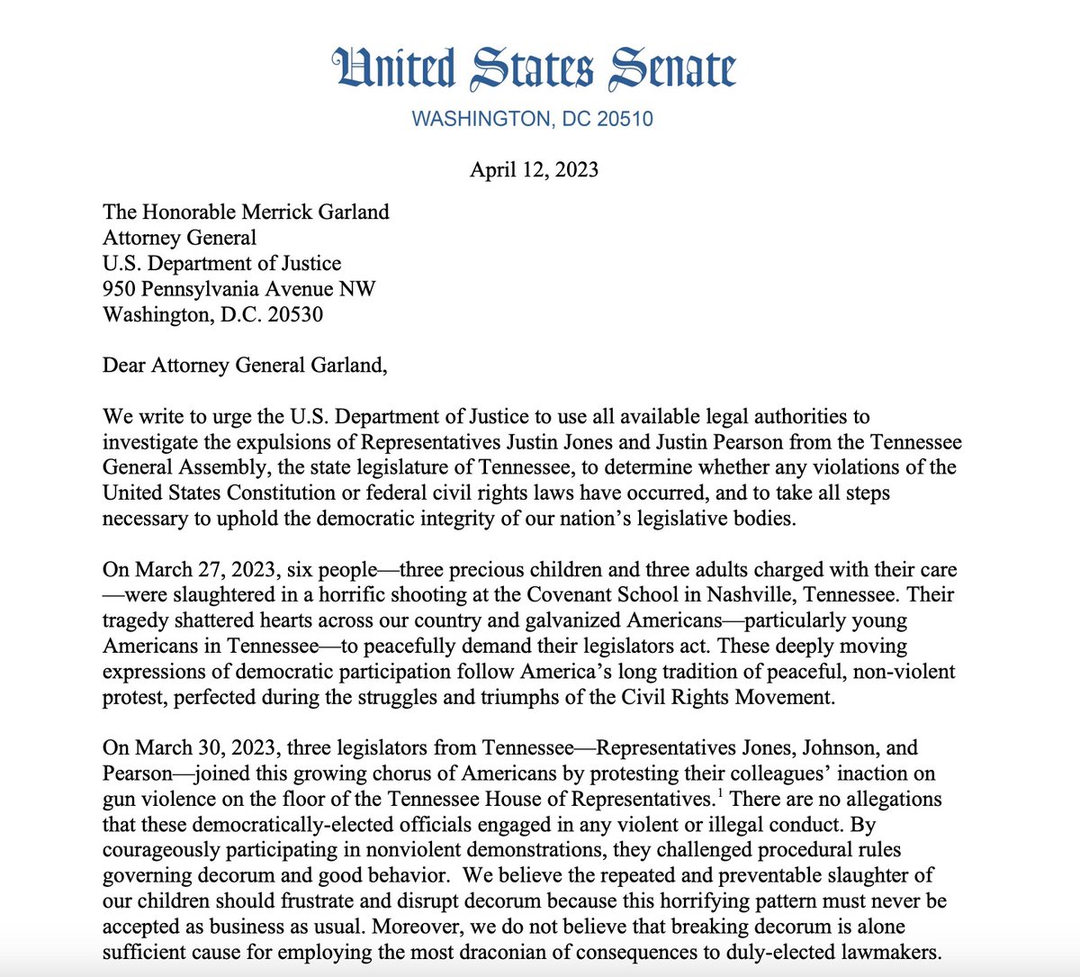 Breaking: Senators Schumer, Warnock, and other Democrats are now calling on the Department of Justice to investigate Tennessee Republicans for constitutional and civil rights violations for expelling Justin Jones and Justin Pearson. (@democracydocket) democracydocket.com/news-alerts/sc…