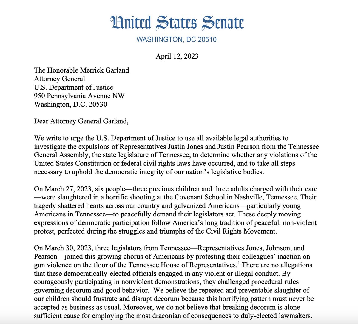 NoLieWithBTC's tweet photo. Breaking: Senators Schumer, Warnock, and other Democrats are now calling on the Department of Justice to investigate Tennessee Republicans for constitutional and civil rights violations for expelling Justin Jones and Justin Pearson. (@democracydocket) https://t.co/JMLXbLXrtM https://t.co/7adrn8Uoe6