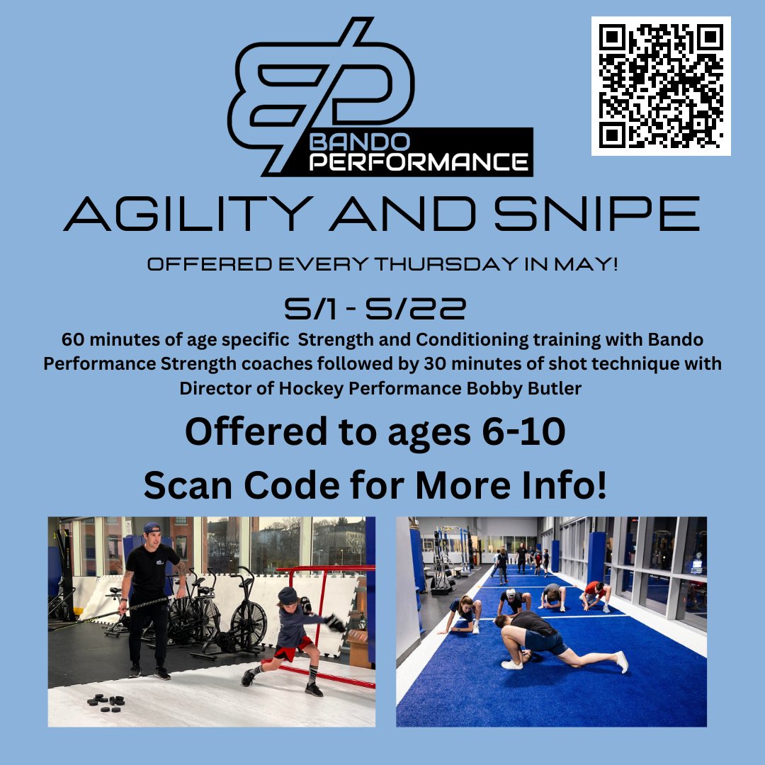 BandoWorcester's tweet photo. Interested in our brand new Synthetic Ice Packages? Is your son or daughter between the ages of 6-10? We will be offering workout and shooting packages all throughout the month of May. Scan the QR code to sign up before its too late!
#BandoPerformance #HockeyTraining https://t.co/iBjLkfsi5Y