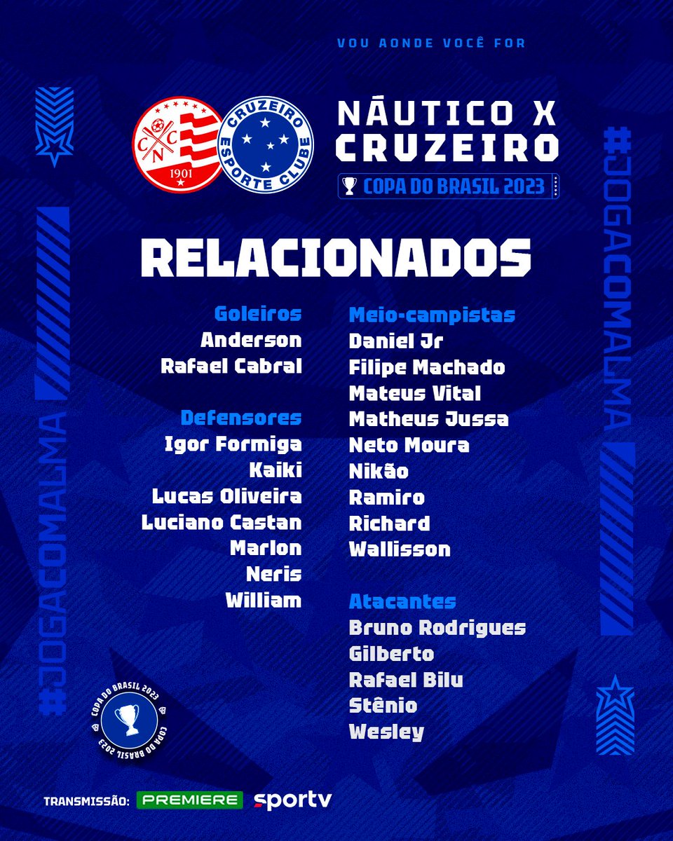 Cruzeiro's tweet photo. 🦊📋 SAIU A LISTA! Estes são os nossos atletas relacionados para o jogo contra o Náutico. 

 #NAUxCRU #VouAondeVocêFor https://t.co/kHJCJ01Y03