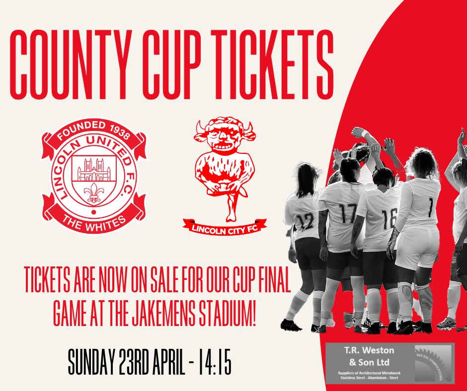 COUNTY CUP FINAL TICKETS!

Tickets for our county cup final! come down and get behind ‘The Whites’…

🆚 <a href="/Lincoln_Women/">Lincoln City Women 🇺🇦</a>

📆 Sunday 23rd April

⏰ Kick off -  14:15

📍The Jakemens Community Stadium, PE21 7NE

💰Adults £8. U18’s £5. Concessions £5. 

bostonunitedfc.ktckts.com/event/bos2223n…