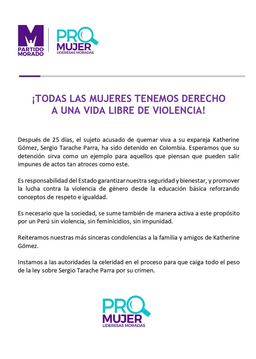 ProMujer_PM's tweet photo. Desde Pro Mujer, nos pronunciamos exigiendo justicia y celeridad ante el feminicidio de Katherine Gómez y de todos los casos, que están a la espera también de justicia https://t.co/LYgR0i5wD8