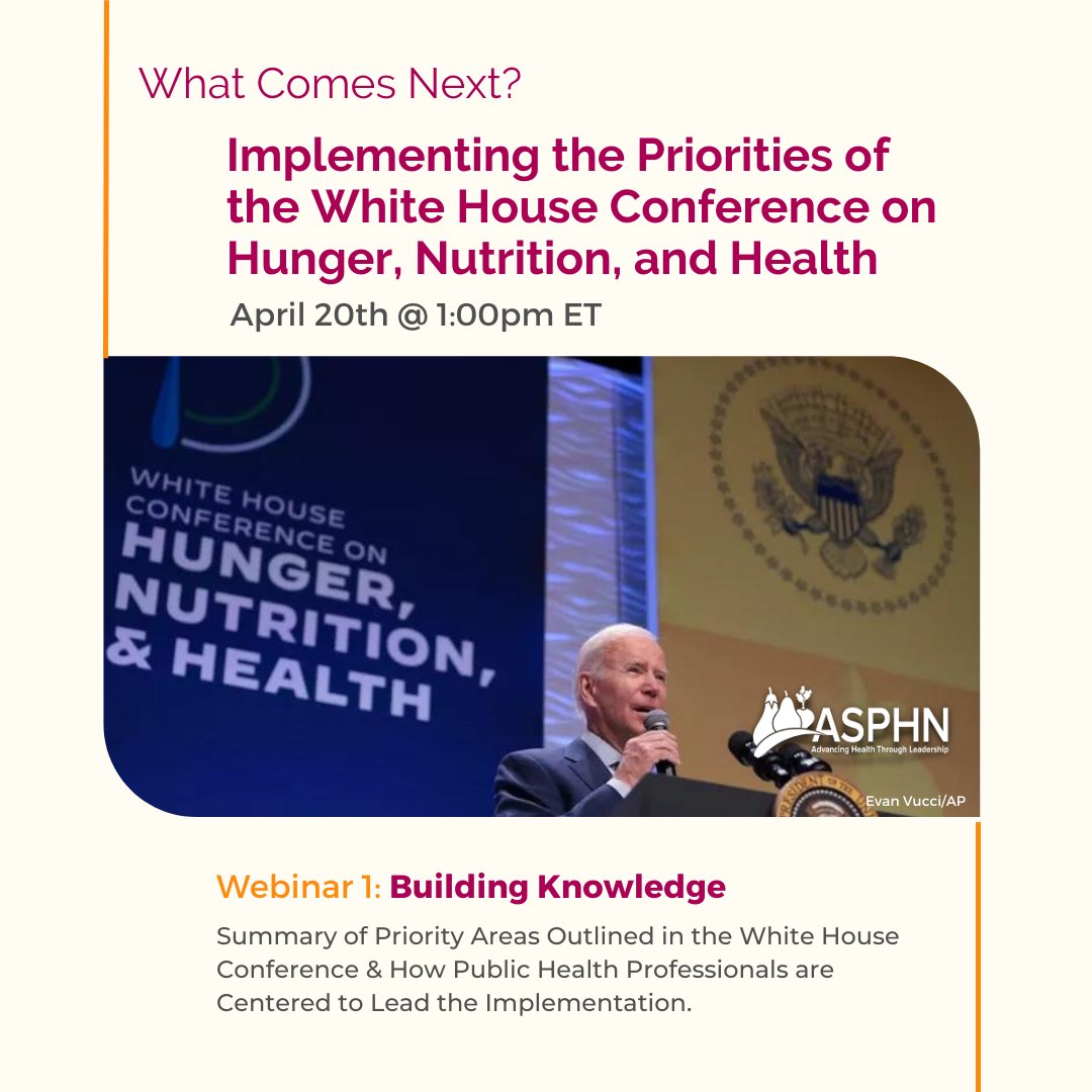 ASPHN1's tweet photo. Join us and @PublicHealth for a two-part webinar series focused on Implementing the Priorities of the @WhiteHouse  Conference on #Hunger, #Nutrition, and #Health. Don’t miss out! Register: https://t.co/wxMo9uqVfI
#MinorityHealthMonth #ASPHN #publichealth #publichealthnutrition https://t.co/OlU66tnQMj
