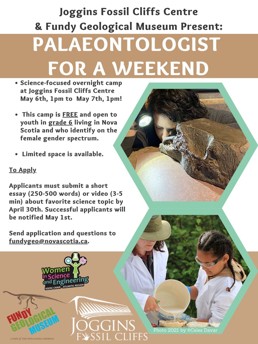 NS_Museum's tweet photo. Come be a palaeontologist with us! Joggins Fossil Cliffs and Fundy Geological Museum are hosting a science-focused overnight camp at the Joggins Fossil Centre on May 6 and 7! This camp is open to sixth graders who live in Nova Scotia and identify on the female gender spectrum! https://t.co/yb7ilcYXSt