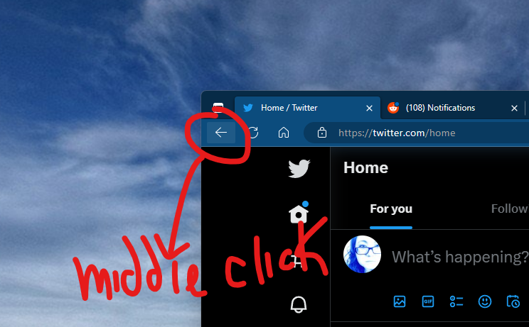 JenMsft's tweet photo. Wish you'd opened the link in a new tab?

You can just middle click the back button in Edge (and other browsers) and it will reopen the previous webpage you were on in another tab https://t.co/mQL7ue4Ur5