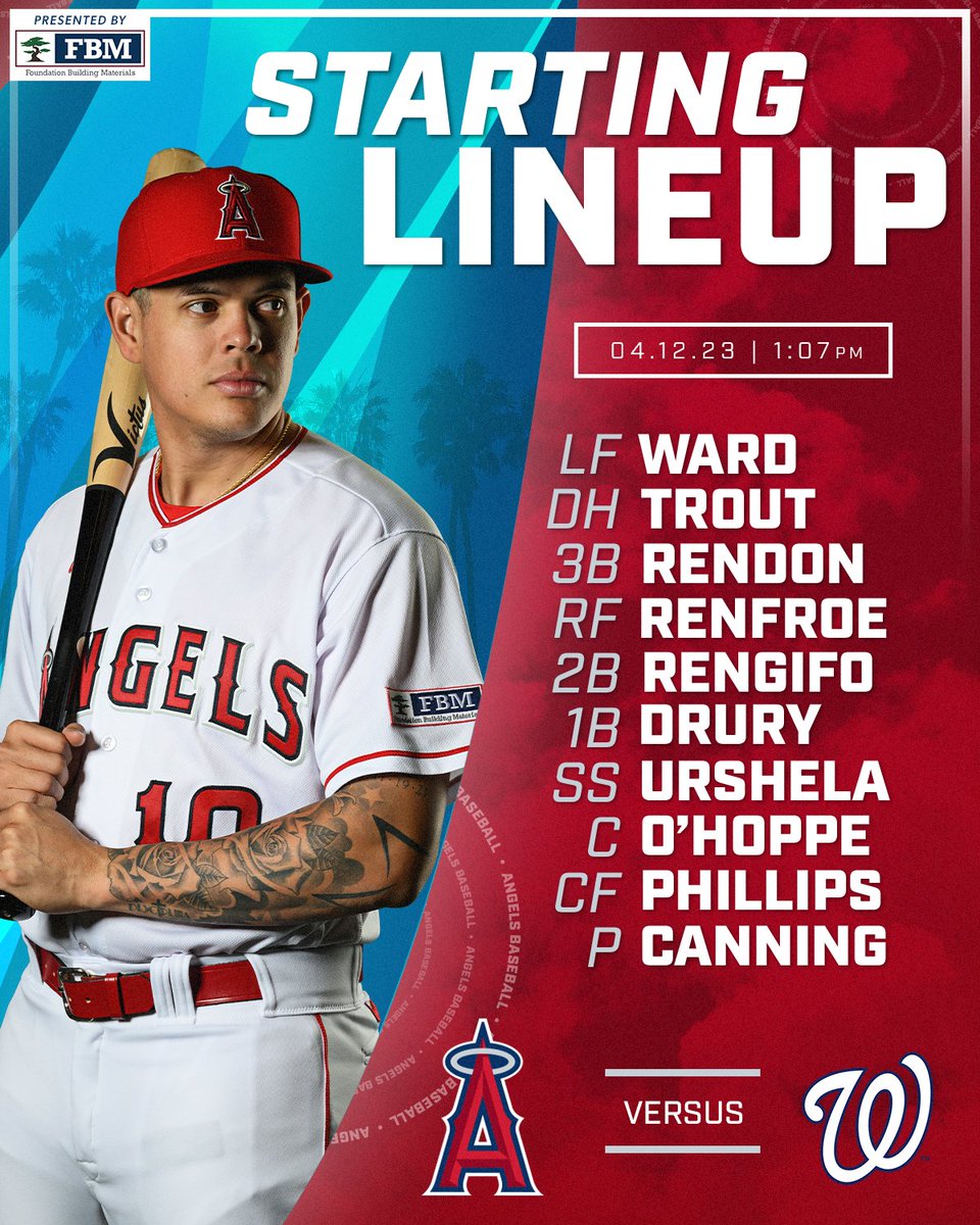 4/12 lineup: LF Ward, DH Trout, 3B Rendon, RF Renfroe, 2B Rengifo, 1B Drury, SS Urshela, C O'Hoppe, CF Phillips, P Canning