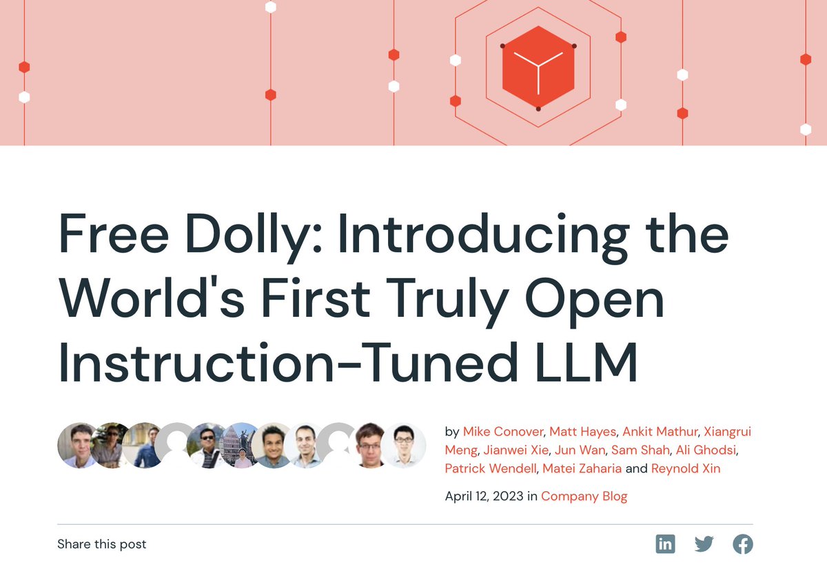 @Databricks just released the first commercially usable, instruction-tuned open-source LLM

Might be a bigger step forward for open-source than LLaMA, Alpaca, et al

I'm sitting here reading the story of how they got there and it's just incredible: