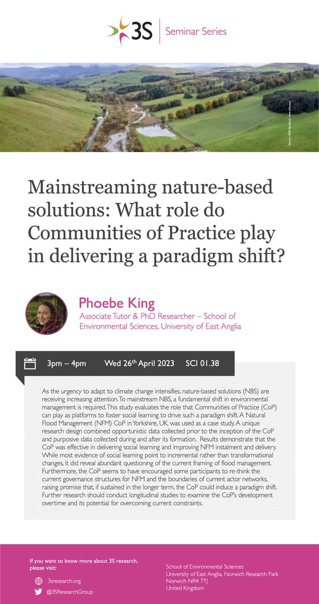 📢 New seminar featuring 3S member Phoebe King: Mainstreaming nature-based solutions: What role do Communities of Practice play in delivering a paradigm shift?

Come join the conversation on Wednesday 26th April, 3-4pm!
