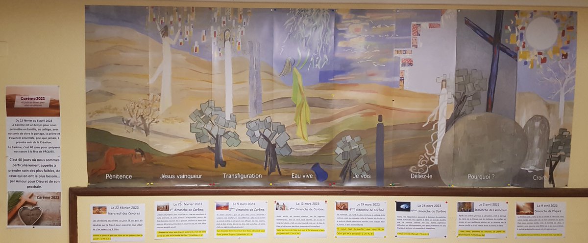 Pâques  : le cœur de la foi pour les Chrétiens. Une fête importante préparée  depuis plusieurs semaines comme en témoigne la frise du collège Notre Dame de la Faye. Que la lumière de Pâques nous remplisse de  joie et nous libère.