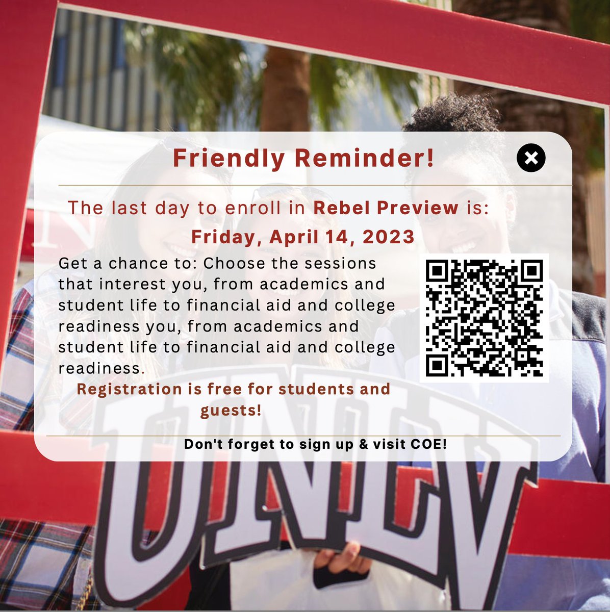 edprepunlv's tweet photo. 📣 Don't forget! Rebel Preview is next week!! The last day to register is this Friday! 📣 

Registration is free for students and guests! We hope to see you at the COE building! ☺ https://t.co/57DpJoMdFt