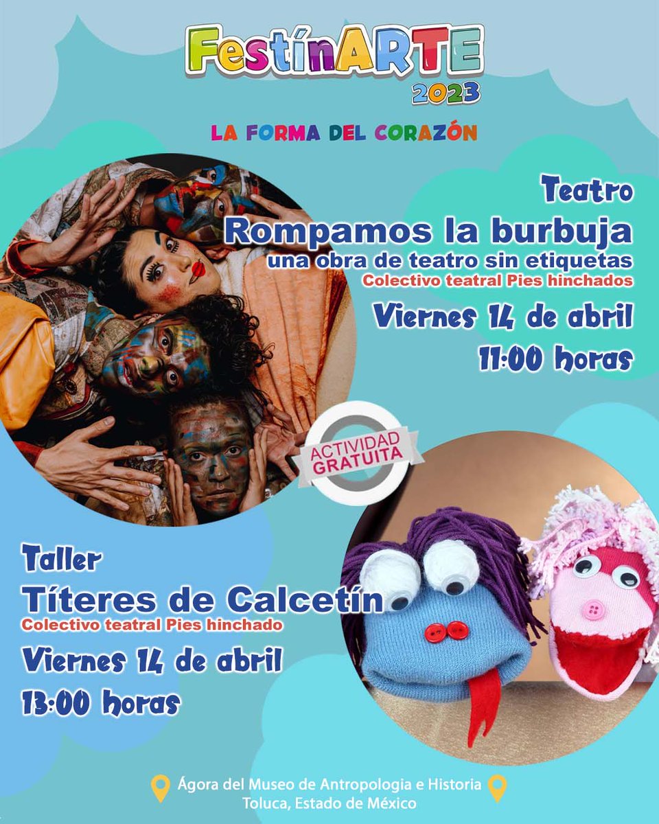 Nos vemos este viernes en el #FestínArte 2023 para disfrutar con 'Rompamos la burbuja'  del Colectivo Pies Hinchados  y al terminar, un taller de creación de Títeres de calcetín 
.
#LaEscenaCrece