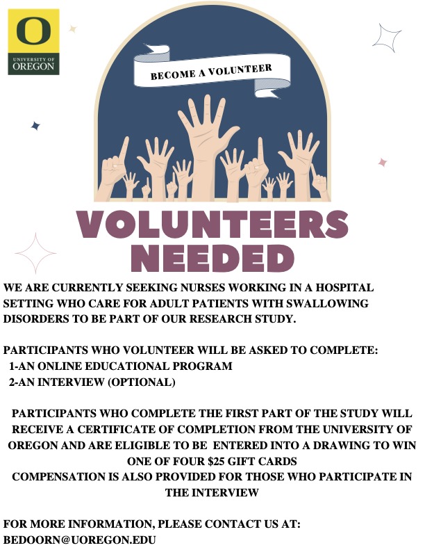 Samantha Shune (@samanthashune) on Twitter photo **Now open to #nurses in the United States!**
My #PhD student is recruiting hospital-based nurses to complete an online #dysphagia education program. Please help spread the word!
#studentresearch <a href="/momademia/">Academic Mom, PhD</a> <a href="/dysphagia/">dysphagia</a> <a href="/NFOSD/">Swallowing Disorder Foundation</a> @wiasnofficial <a href="/ANANursingWorld/">American Nurses Association</a> #MedTwitter **Now open to #nurses in the United States!**
My #PhD student is recruiting hospital-based nurses to complete an online #dysphagia education program. Please help spread the word!
#studentresearch <a href="/momademia/">Academic Mom, PhD</a> <a href="/dysphagia/">dysphagia</a> <a href="/NFOSD/">Swallowing Disorder Foundation</a> @wiasnofficial <a href="/ANANursingWorld/">American Nurses Association</a> #MedTwitter