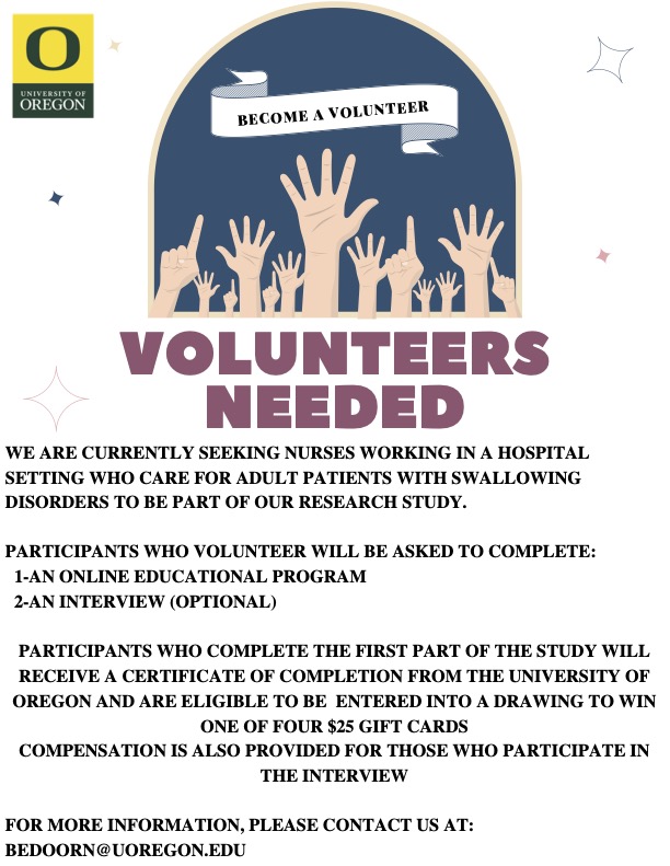 **Now open to #nurses in the United States!**

My #PhD student is recruiting hospital-based nurses to complete an online #dysphagia education program. Please help spread the word!

#studentresearch @momademia @dysphagia @NFOSD @wiasnofficial @ANANursingWorld #MedTwitter