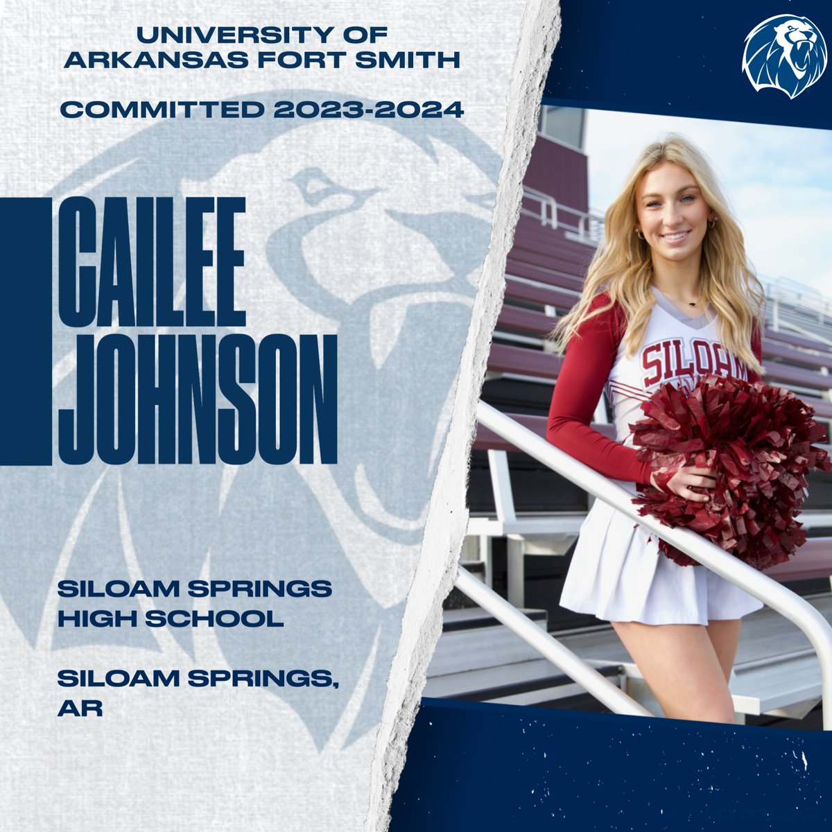 We have a committed lion! She started gymnastics at the age of 5 and began her cheer career in 2021 with Siloam Springs coed. Siloam won a state championship as well as a NCA National Championship. She is also a cheerleader at Elite Cheer Academy. Welcome to the lion family!