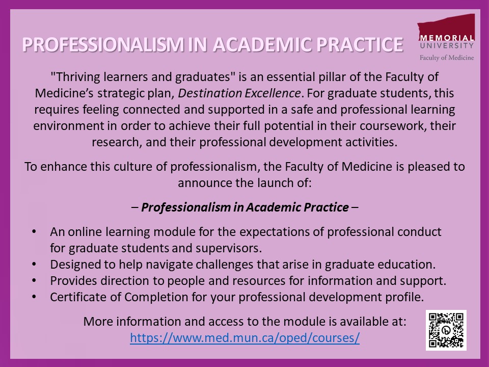 MunOped's tweet image. Just launched! Professionalism in Academic Practice. Designed for graduate students and supervisors, it provides guidance on professional conduct, support, and resources to enhance a culture of professionalism in the academic environment. bit.ly/3GEh35N
@MUNMed