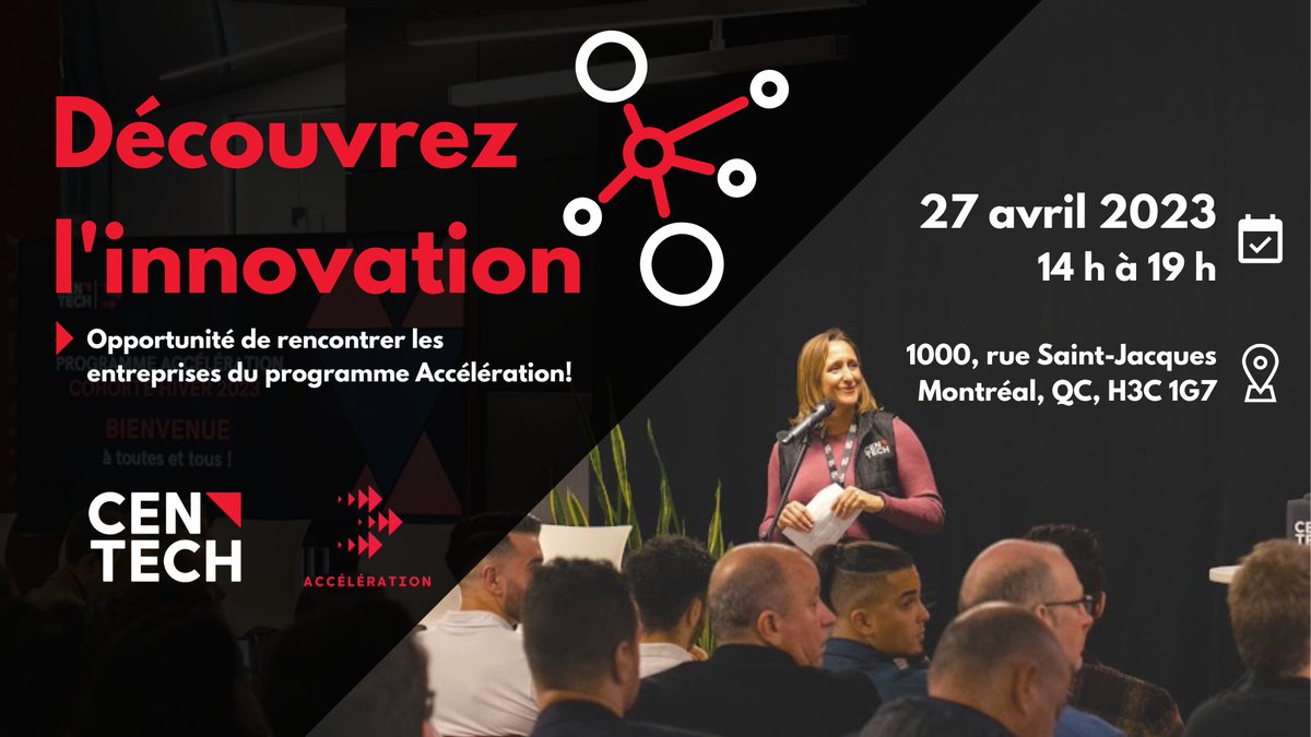 Saisissez l'occasion et venez découvrir les entreprises accélérées du <a href="/CentechMTL/">Centech</a> ! 

Joignez-vous à nous le temps d’une exposition dynamique et enrichissante! 📣

Inscrivez-vous ici 👇
lnkd.in/gxTAxZaX