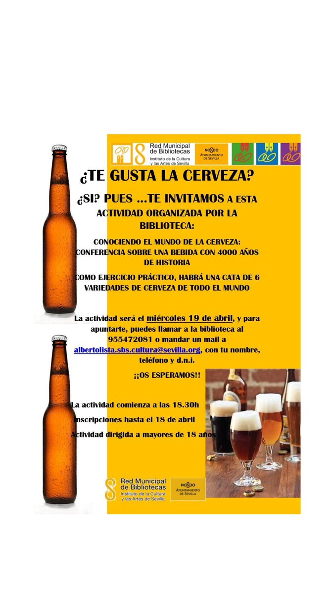 El 19 de abril la #bibliotecaalbertolista te invita a conocer el mundo de la cerveza. ¿Te apuntas? #rmbs #ayuntamientodesevilla #cerveza