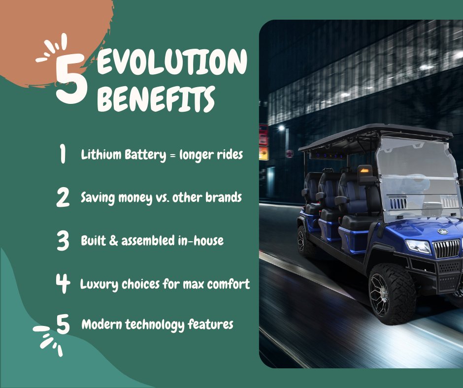 Evo_Electric's tweet photo. We decided to make a list of all the way Evolution rises above our competitors. So many benefits but we can only list just five!

#evolution #lithium #golfcart https://t.co/sajBVNMS6L