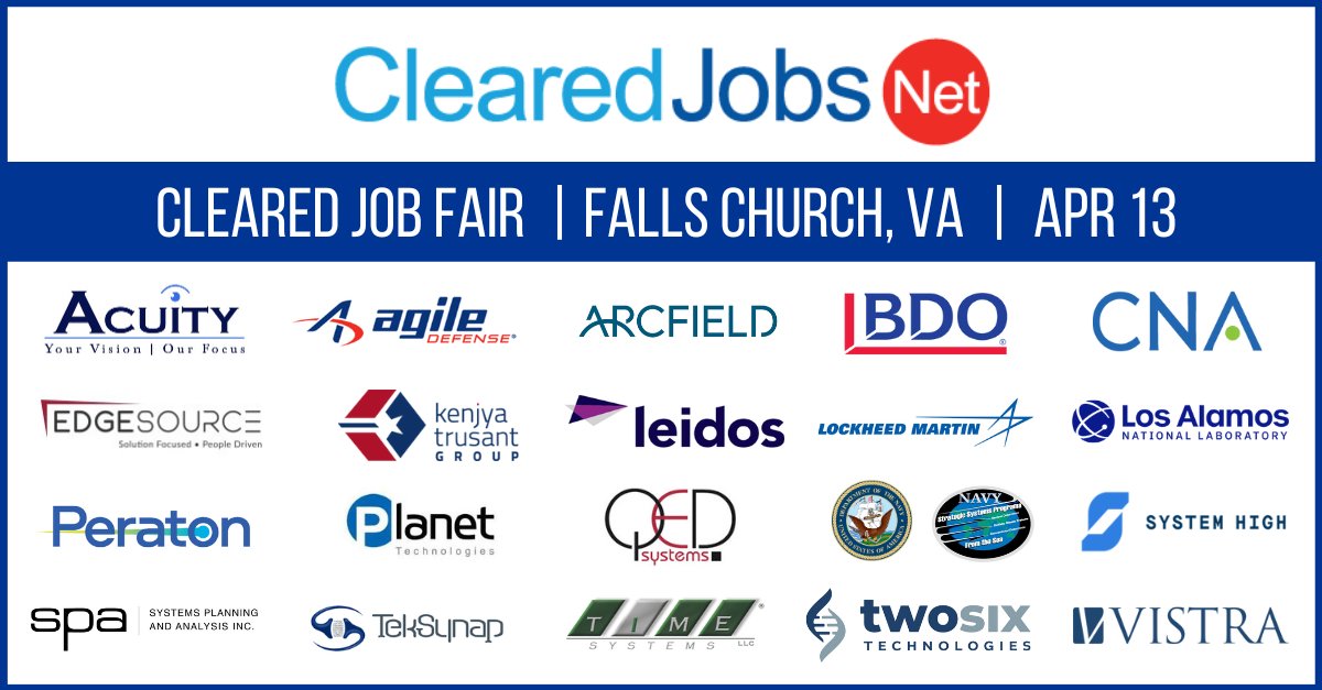 ClearedJobsNet's tweet photo. 📢 Last chance to register for our All Clearances #ClearedJobFair tomorrow | April 13 | 2-6pm | Falls Church, VA. Meet with recruiters and hiring managers from @my_acuity @AgileDefense @arcfieldco @GetToKnowBDO @CNA_org @edgesource @LeidosInc @LockheedMartin @LosAlamosNatLab https://t.co/nwyNmOhkAI
