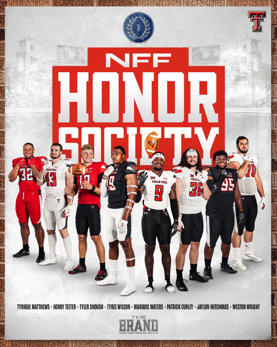 TexasTechFB's tweet image. Joining an elite group of college football scholars.

Congratulations to our eight Red Raiders named to the @NFFNetwork Hampshire Honor Society! 📚