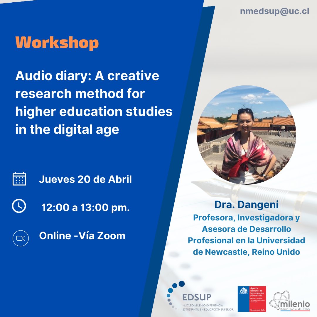 milenio_EdSup's tweet photo. 📣Te invitamos al Workshop “Audio diary: A creative research method for higher education studies in the digital age”

20 de abril
12:00 - 13:00 hrs
Formato online

*Dictado en inglés

Inscripción: https://t.co/nKzgBi6HPr

#audiodiary #highereducation #researchmetod https://t.co/quOo9je8xw