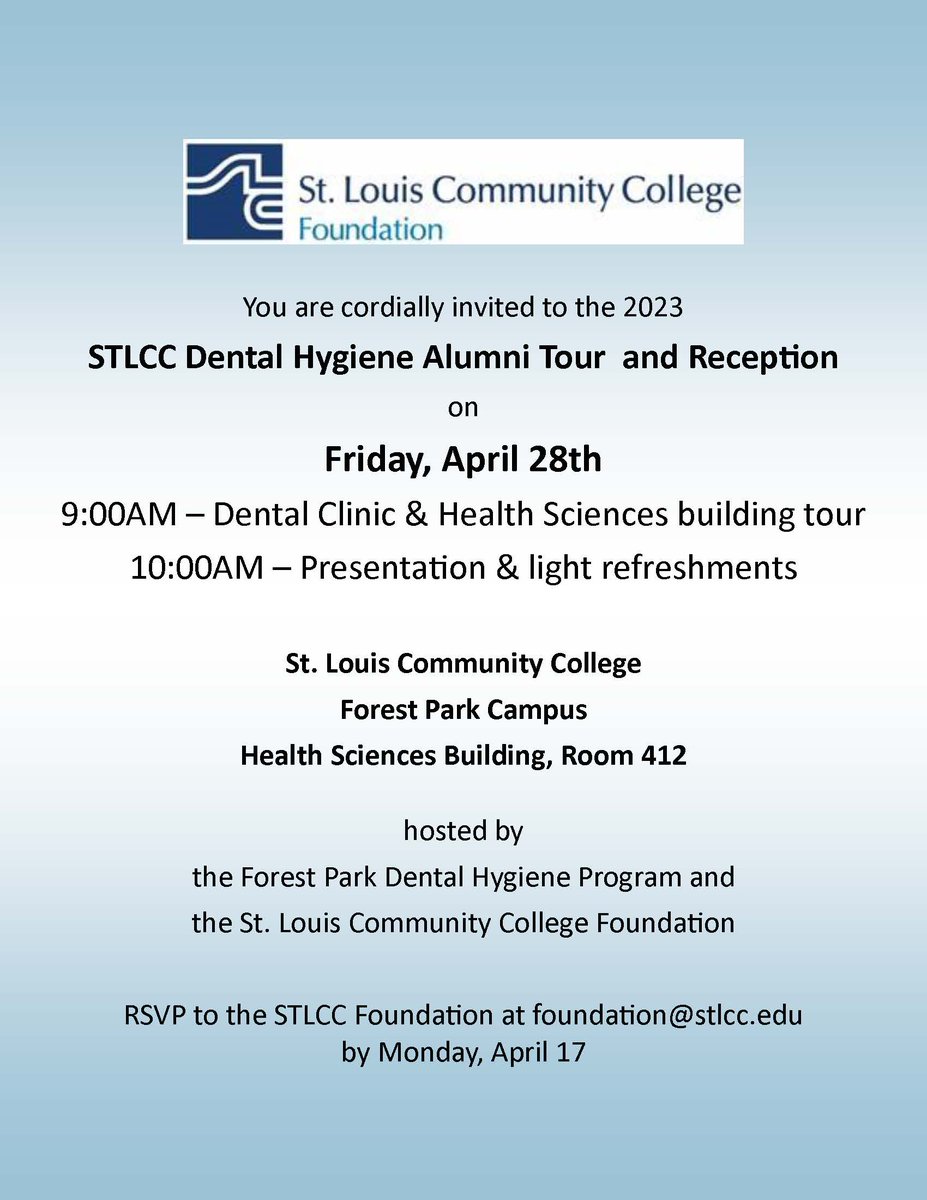STLCCalum's tweet image. Greetings STLCC Dental Hygiene Alumni! Please join us on April 28 as we tour the new Dental Clinic and Health Sciences Building on the STLCC-Forest Park Campus. #stlcc #alumnievent #dentalhygiene