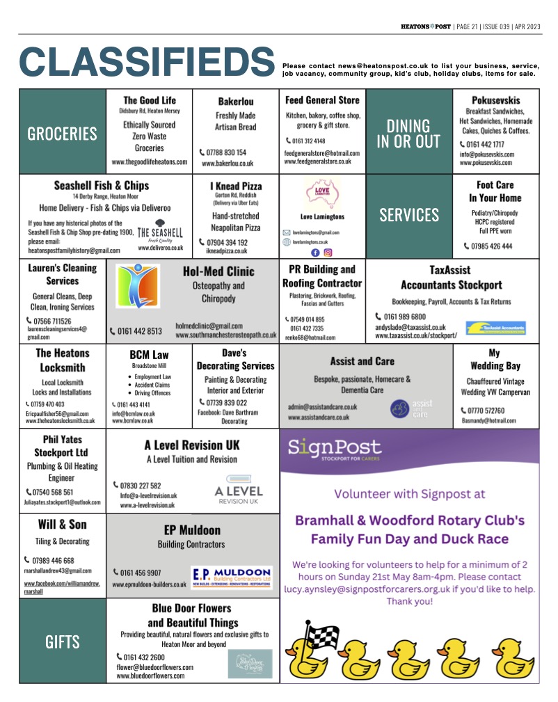 April Issue
Page 21 - your local Classifieds. 
A handy pull out for you to keep hold of for when you are looking for a local business or service. All the contact details you need to be able to #SupportLocal