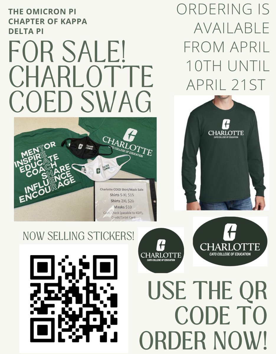 We are offering COED Charlotte swag for sale! We have short and long sleeve t-shirts as well as masks and STICKERS! 

Scan the QR code or go to docs.google.com/forms/d/e/1FAI…
to place your order!
