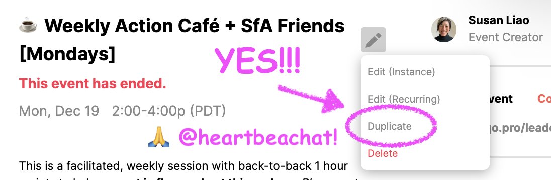 🎉 YES!!! As a facilitator &amp; frequent host of similiar-but-not-exactly-the-same events, #Duplicate is a must have feature.🙌 to <a href="/MurtazaBambot/">Murtaza Bambot ❤️</a> &amp; the team for expediting. looking forward to welcoming in this year's <a href="/startupsforall/">Startups for All</a> EPIC! community launch on <a href="/HeartbeatChat/">Heartbeat</a>!