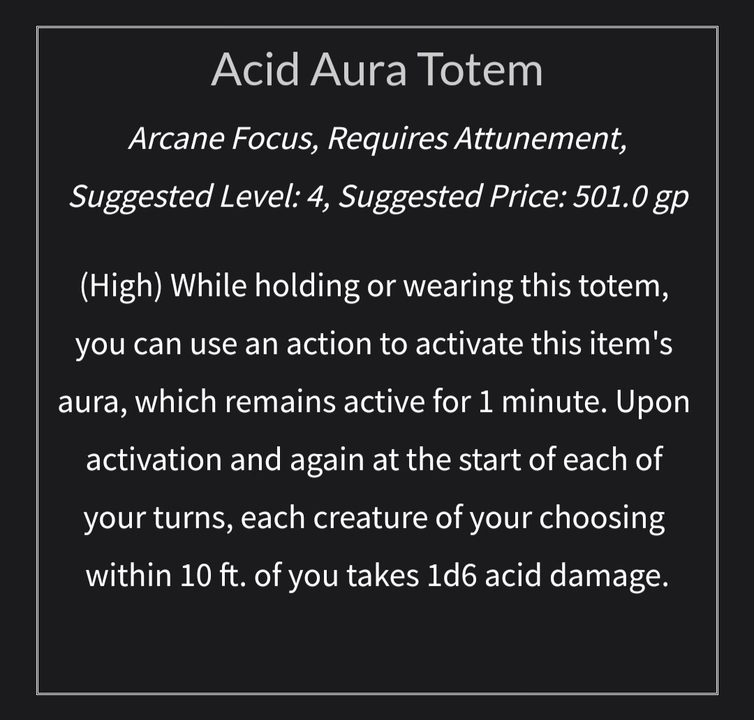 Random item of the day: Acid Aura Totem! I like to imagine the totem is carved to look like the spitting lizard from Jurassic Park. You can randomly generate tons of #dnd items like this by following the link in my bio. Happy looting!