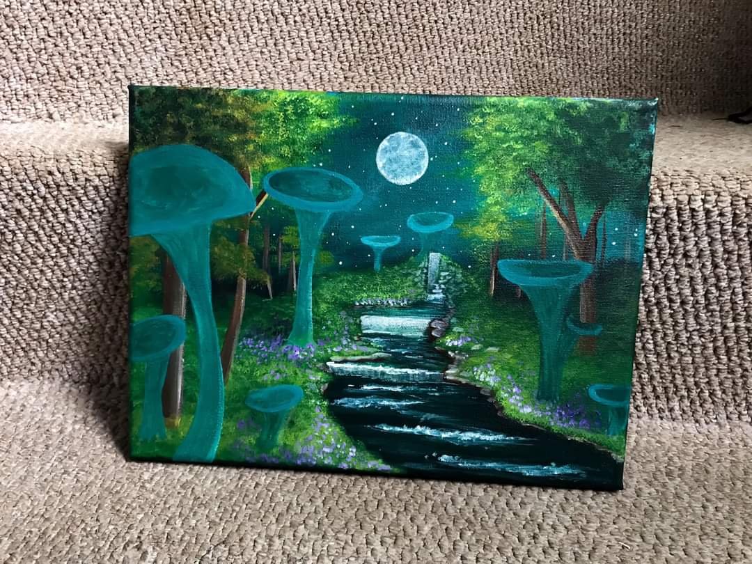 Current work in progress, Painting giant Chlorociboria aeruginosa 🍄
 (still working on the mushies I’ve not added the highlights or details)