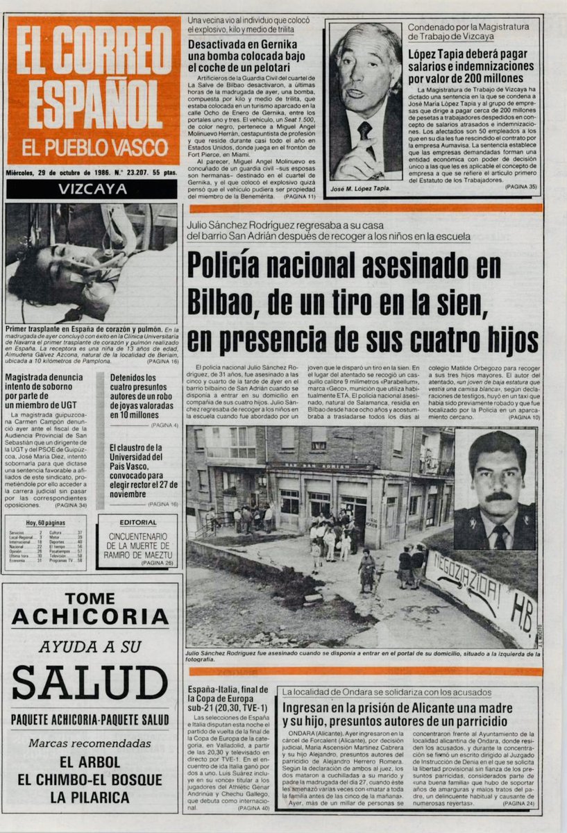 CarlosDeUrrecha's tweet photo. "¡Mi aita, mi aita!"
Cabo 1° CNP D. Julio César Sánchez Rodríguez asesinado con un tiro en la sien delante de sus 4 hijos, 2 cogidos de la mano, en Bilbao por los cobardes de ETA

"Los niños horrorizados se echaron sobre el cuerpo de su padre"
https://t.co/1h6eLfcMhh https://t.co/XL6weh66cx