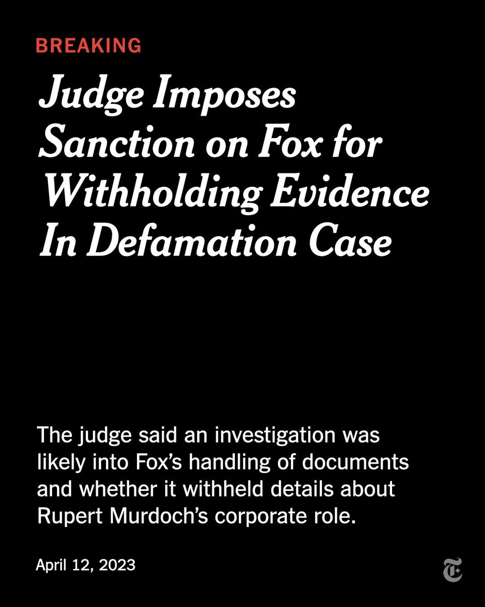 Breaking News: The judge in the Dominion Voting Systems lawsuit imposed a sanction on Fox News for withholding evidence, and said an investigation was likely. nyti.ms/3KwEijA