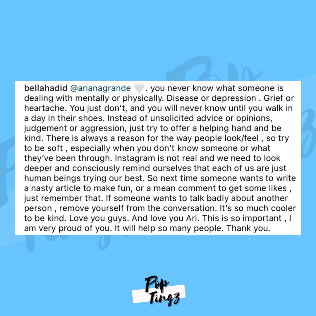 PopTingz's tweet photo. Bella Hadid shows support for Ariana Grande’s recent comments on body shaming:

“Love you Ari. This is so important, I am very proud of you. It will help so many people. Thank you.” https://t.co/xtF7QAhmKD