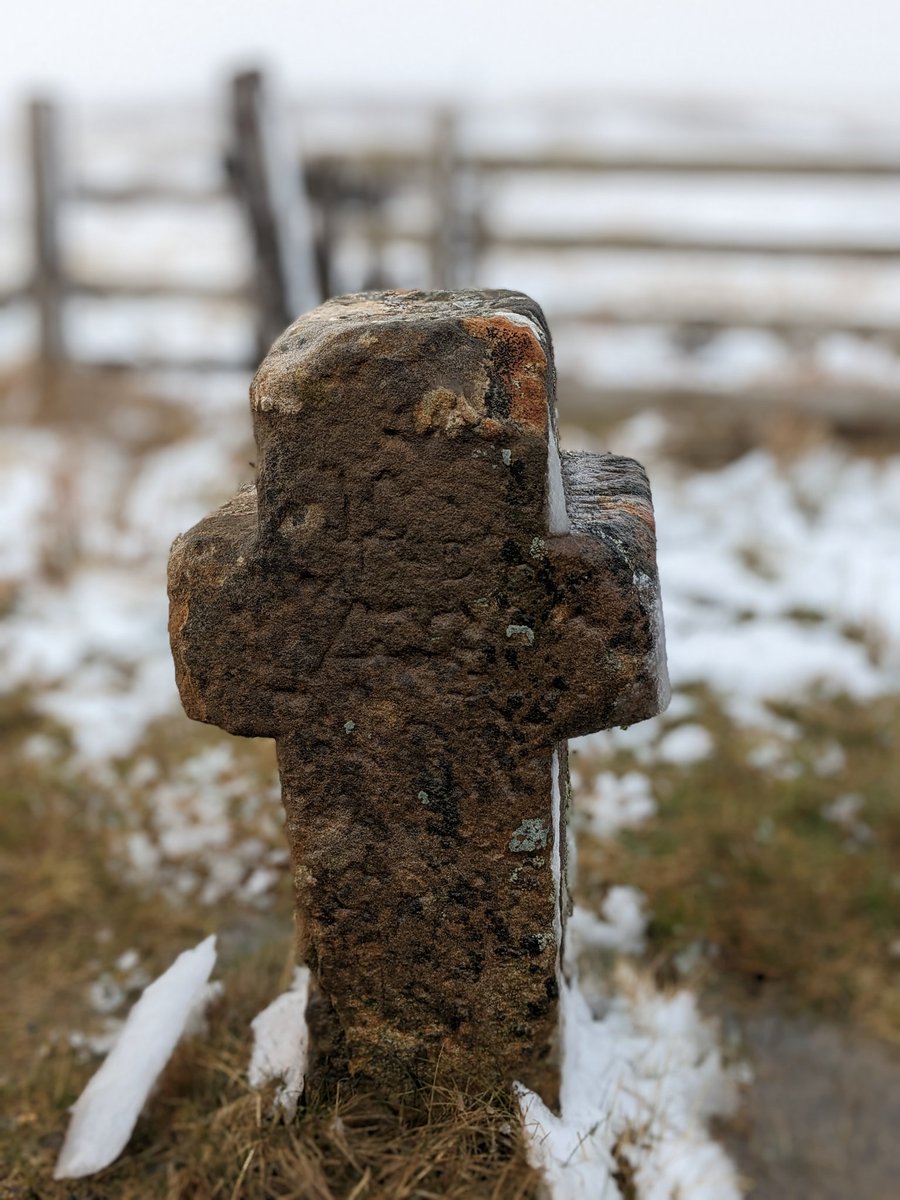Helencello's tweet photo. Snow today at Killhope Cross. A small roadside cross, thought to be of medieval origins on the border between Cumbria &amp; County Durham .The carved stone cross is sited at the summit of the highest 'A' road in England, 627 metres above sea level.
@Englands_NE @ThisisDurham #snoe https://t.co/FfhsorGoUQ