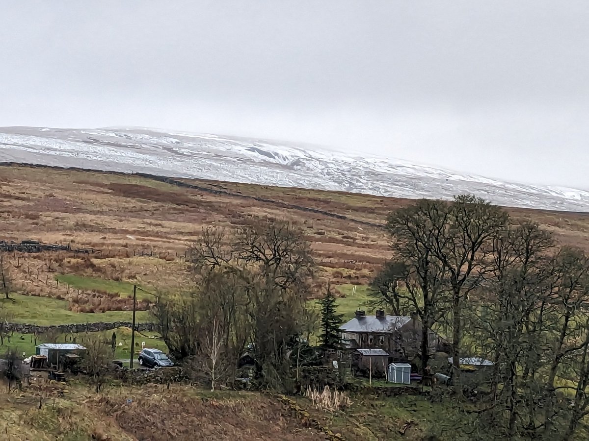 Helencello's tweet photo. Snow today at Killhope Cross. A small roadside cross, thought to be of medieval origins on the border between Cumbria &amp; County Durham .The carved stone cross is sited at the summit of the highest 'A' road in England, 627 metres above sea level.
@Englands_NE @ThisisDurham #snoe https://t.co/FfhsorGoUQ