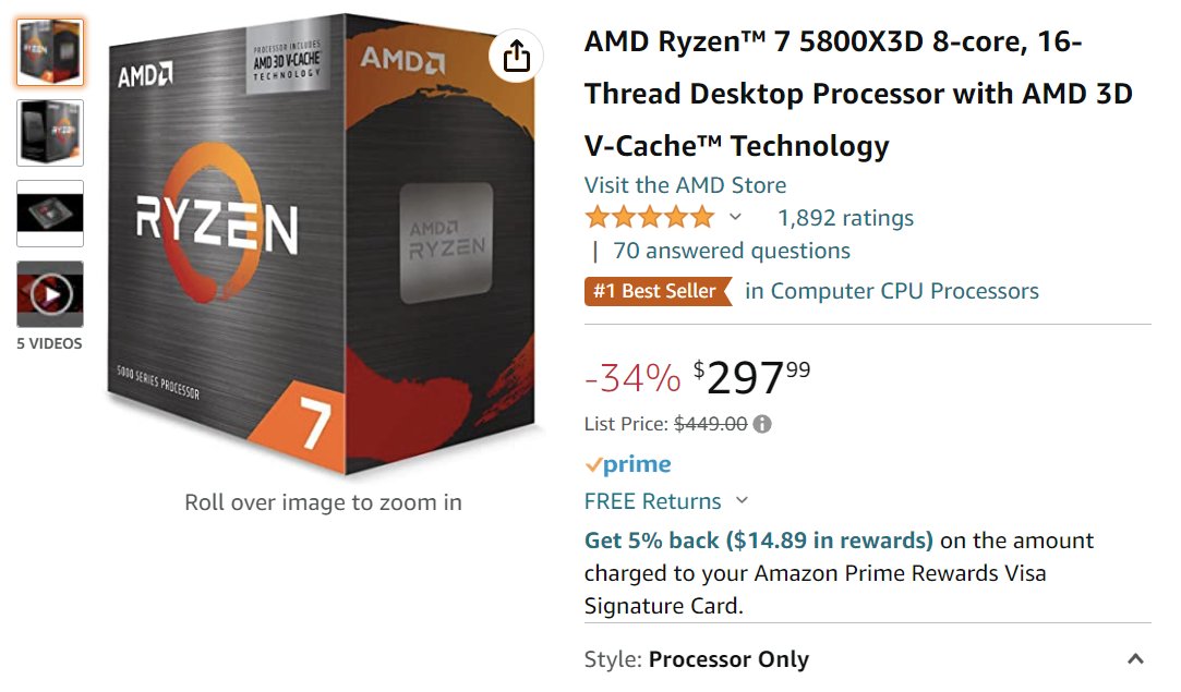 Wow, the 5800x3D is down to $297. 

If you are on an AM4 motherboard this is the best gaming CPU you can get. 

I am side-grading from a 5950x to the 5800x3D. 

amazon.com/AMD-5800X3D-16…