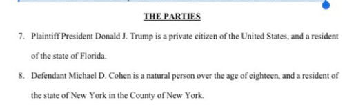 CalHN's tweet image. Trump admits he is a "Private Citizen" in new frivolous filing against Witness in his NY Indictment and many other GJ investigations, Michael Cohen. #Obstruction #WitnessIntimidation