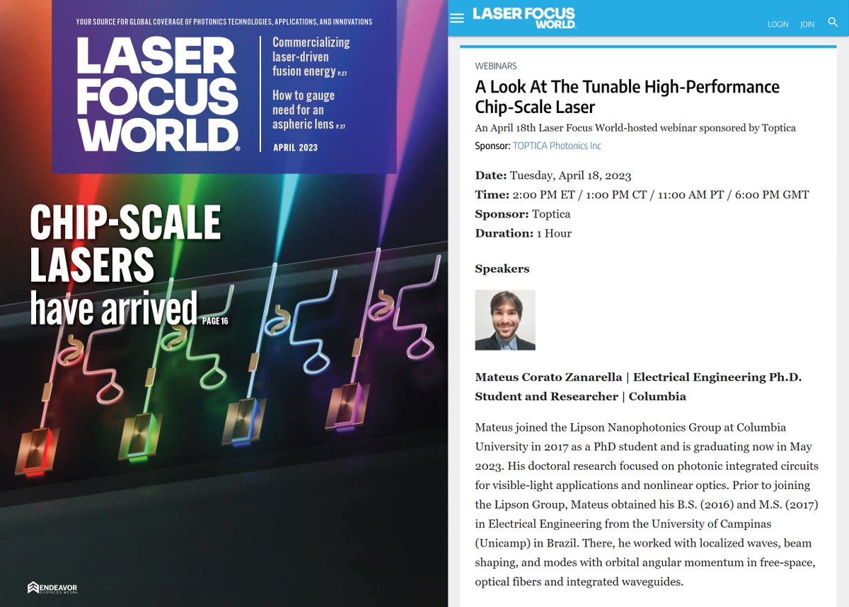 LipsonGroup's tweet photo. Check out the latest cover of the @LaserFocusWorld Magazine featuring our work on chip-scale visible lasers: https://t.co/bBVjrKnwWT
We will also be hosting a webinar on April 18th, 2 pm ET, to talk about our lasers:
https://t.co/DwQ5MD6nSU
#laser #photonics #optics https://t.co/mBhafidIck