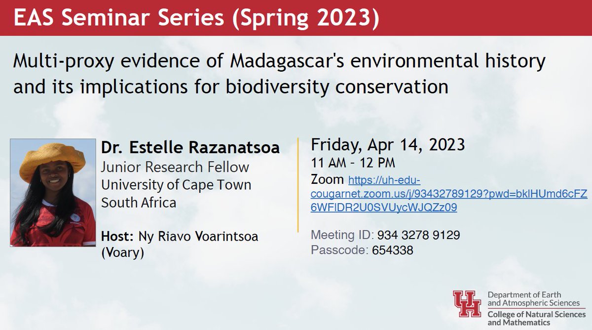 We are excited to host Dr. Estelle @Razanatsoae from @BioSciUCT on zoom this week to talk about her research into #biodiversity and #conservation in #Madagascar. Visit our website to join us virtually this week: uh.edu/nsm/earth-atmo…