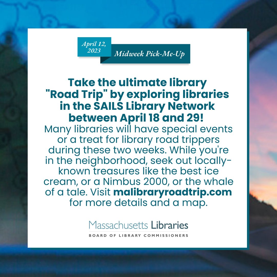 mblclibraries's tweet photo. The SAILS #Library Road Trip begins next Tuesday, April 18th to April 29th! Make your way to #SAILSnetwork #libraries to collect stamps on your road trip map, and visit local attractions. For more info and to download your road trip map, visit https://t.co/3fAST7ARpK https://t.co/OV2pxHpGxH