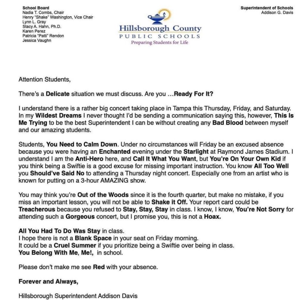 📝| Hillsborough County's Superintendent awaits students attending "The Eras Tour" to be present in class the next day