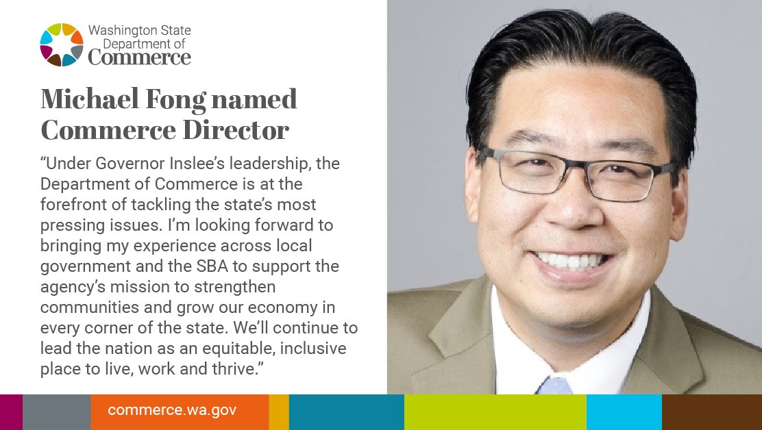 WAStateCommerce's tweet image. .@GovInslee has named Michael Fong to serve as Commerce director beginning May 8. Mike currently serves as the regional administrator for the @SBAPacificNW and has over two decades of experience in the public sector.

commerce.wa.gov/news/press-rel…