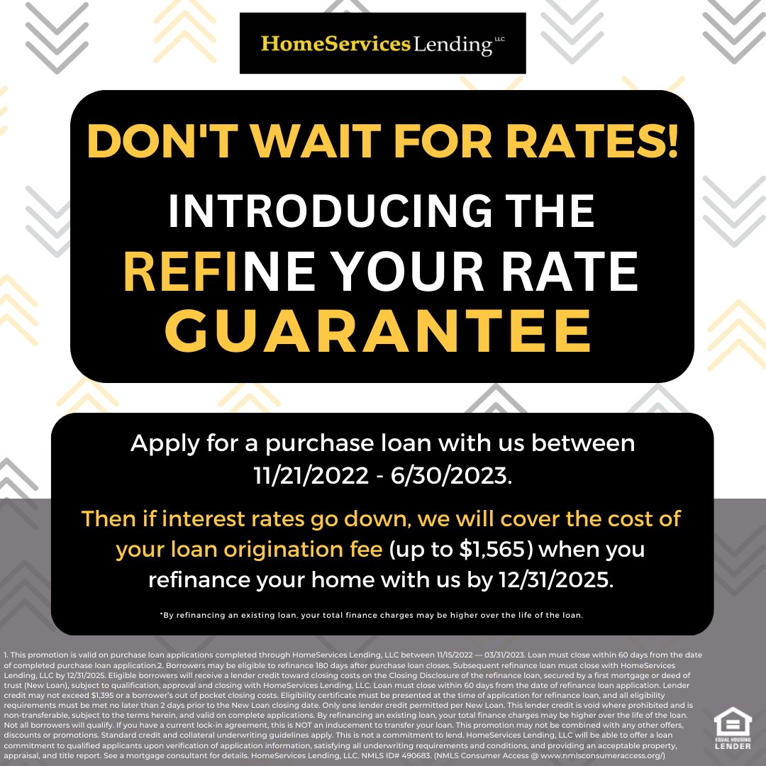HS_Lending's tweet photo. Concerned about the current home buying rates? We might have the right solution for you! Get in touch with us to know more about our Refine Your Rate Guarantee.

#homeserviceslending #hsllocal #hsl #mortgagerates #homebuying https://t.co/HKJ1bRbvRu